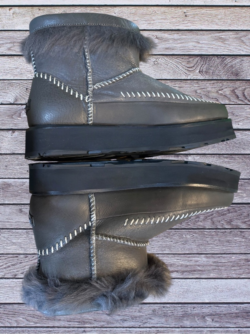 UGG Rare Fluff Punk Grey Leather Sheepskin Shearling Boots Size 9 NIB - Picture 11 of 16
